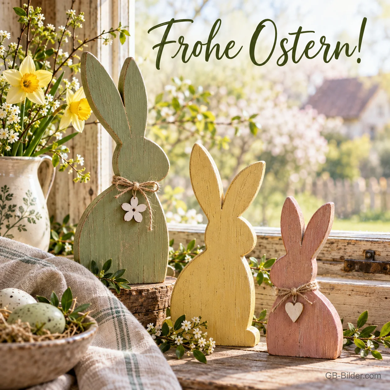 Holzhasen am Fenster, Text: Frohe Ostern Holzhasen am Fenster, Text: Frohe Ostern