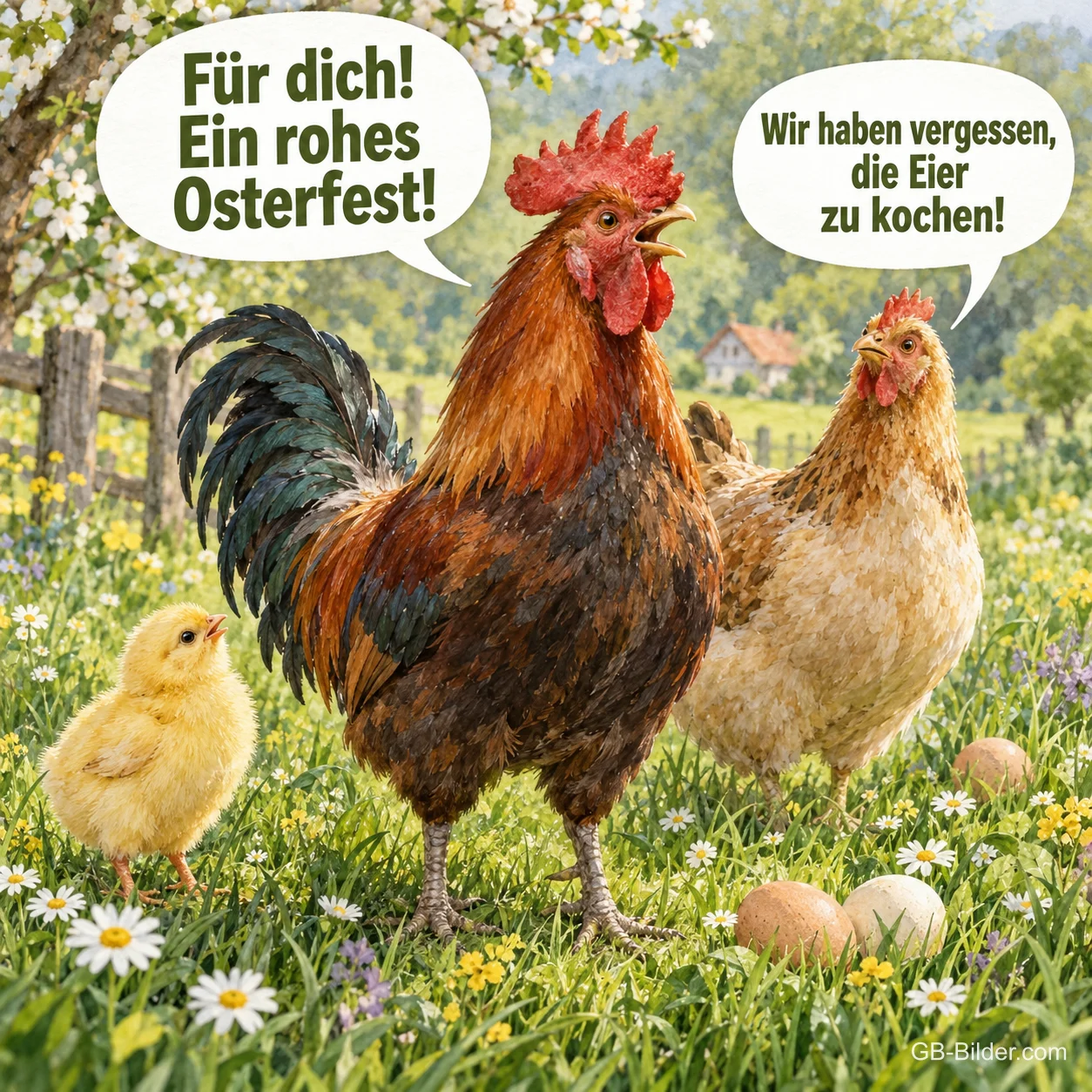 Hahn, Henne und Küken, lustiger Osterspruch, Text: Für dich