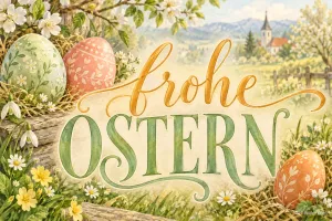 Ostereier in der Frühlingslandschaft, Text: Frohe Ostern