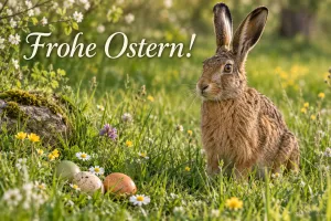Feldhase in der Wiese, Text: Frohe Ostern