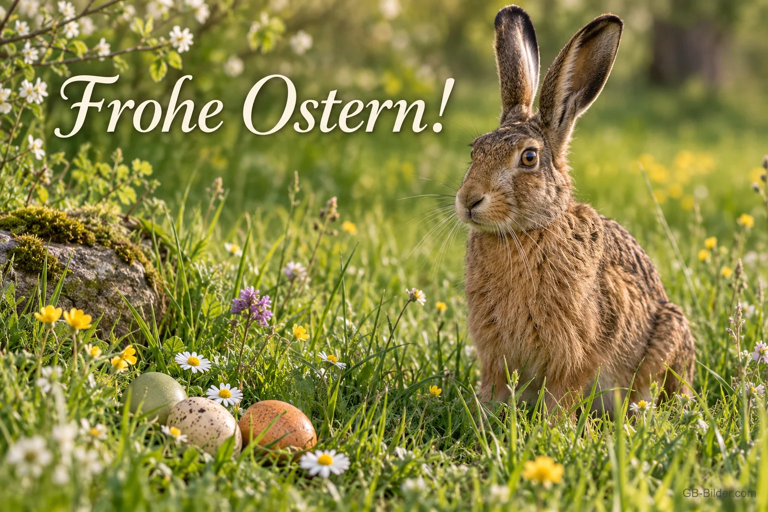 Feldhase in der Wiese, Text: Frohe Ostern Feldhase in der Wiese, Text: Frohe Ostern