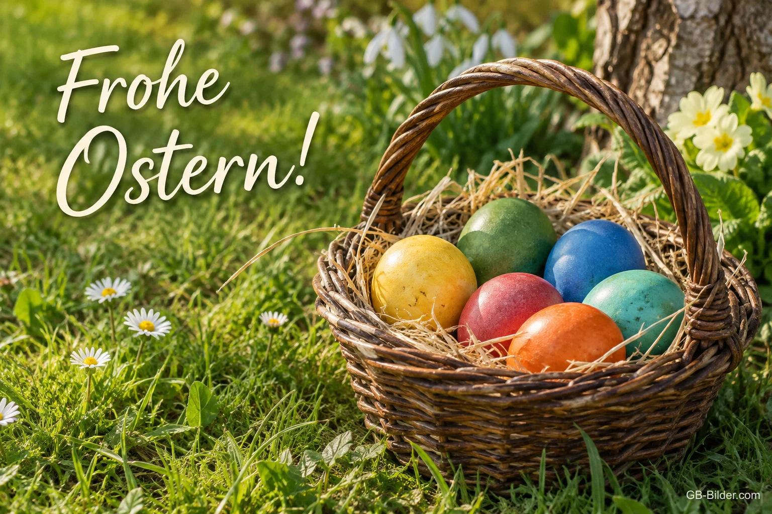 Osterkorb mit bunten Eiern, Text: Frohe Ostern Osterkorb mit bunten Eiern, Text: Frohe Ostern