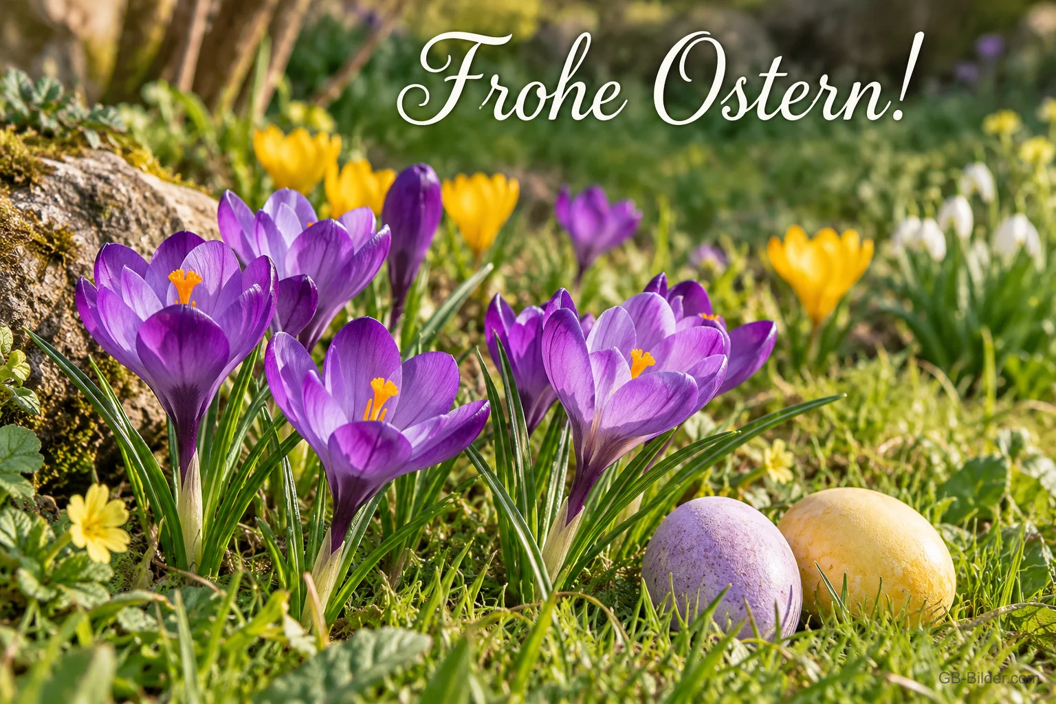 Krokusse mit Ostereiern, Text: Frohe Ostern Krokusse mit Ostereiern, Text: Frohe Ostern