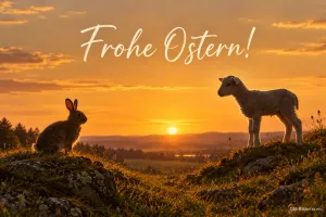 Hase und Lamm im Sonnenuntergang, Text: Frohe Ostern