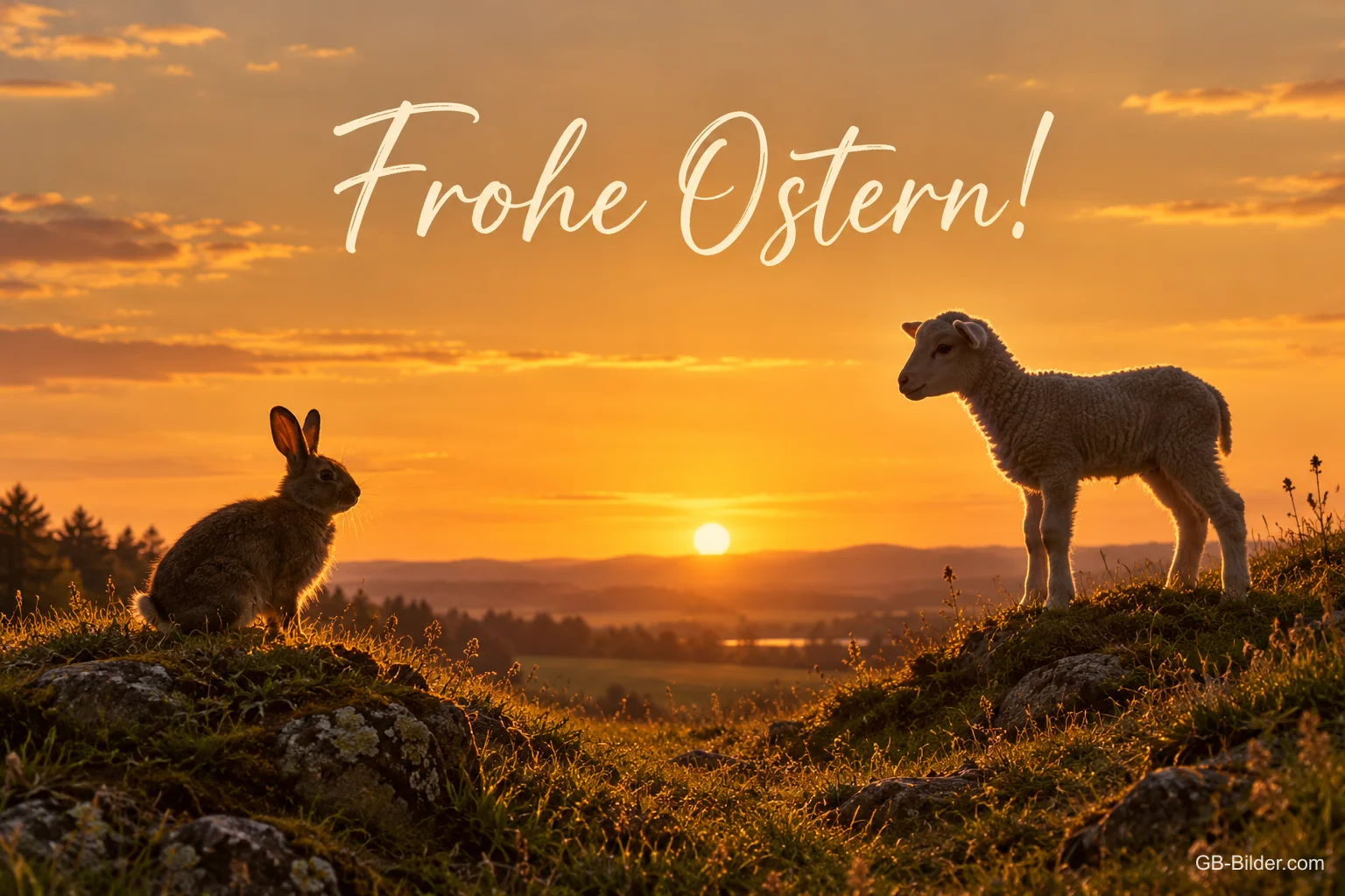 Hase und Lamm im Sonnenuntergang, Text: Frohe Ostern Hase und Lamm im Sonnenuntergang, Text: Frohe Ostern