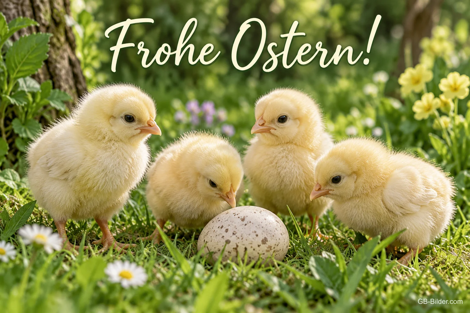 Küken um ein Ei, Text: Frohe Ostern Küken um ein Ei, Text: Frohe Ostern
