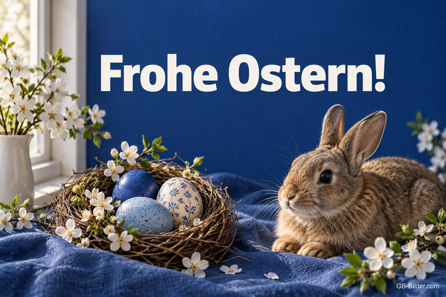 Hase neben blauem Osternest, Text: Frohe Ostern Hase neben blauem Osternest, Text: Frohe Ostern