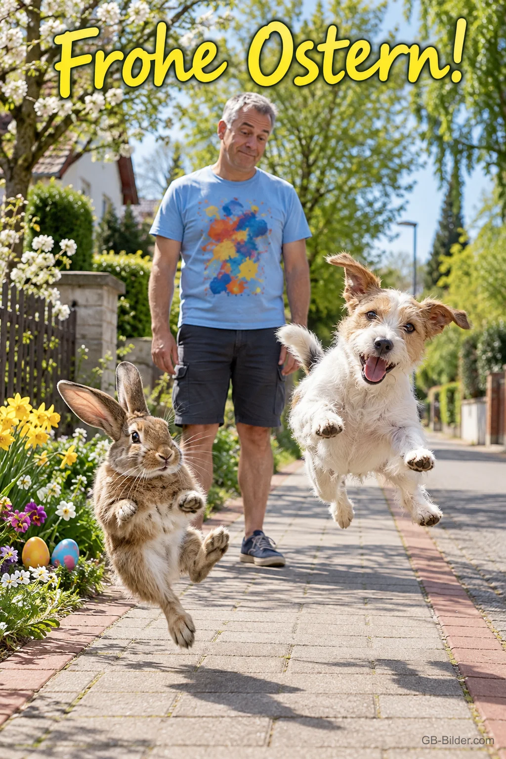 Mann spaziert auf dem Gehweg, ein Hund und ein Hase springen fröhlich voraus, Text: Frohe Ostern!