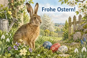 Feldhase im Frühlingsgarten, Text: Frohe Ostern