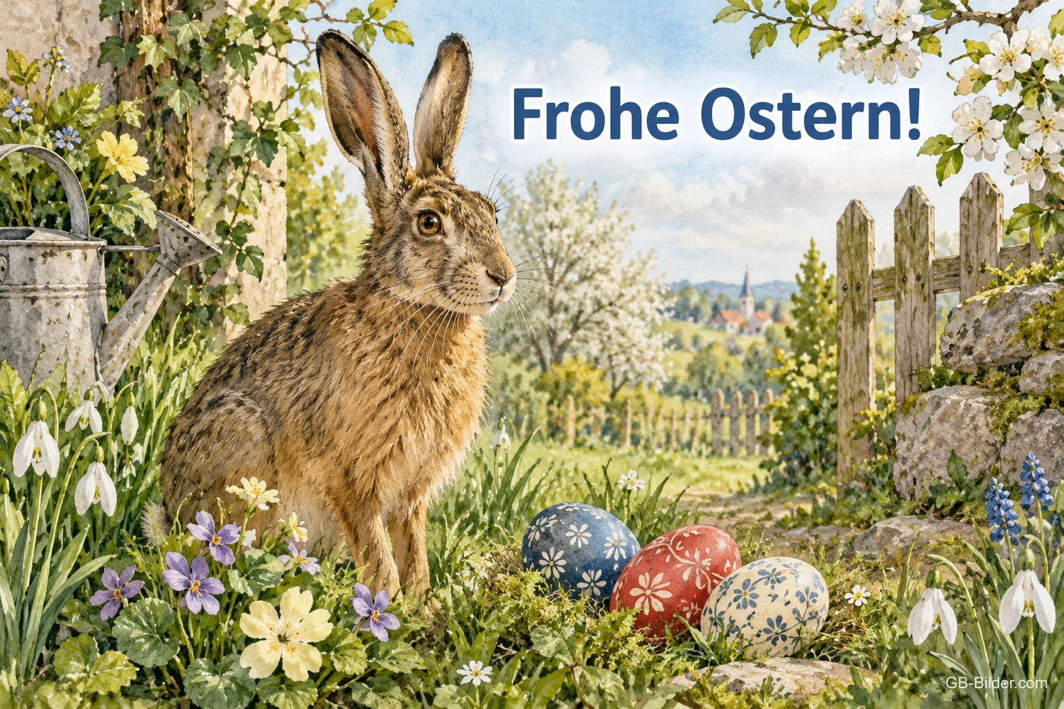 Feldhase im Frühlingsgarten, Text: Frohe Ostern Feldhase im Frühlingsgarten, Text: Frohe Ostern
