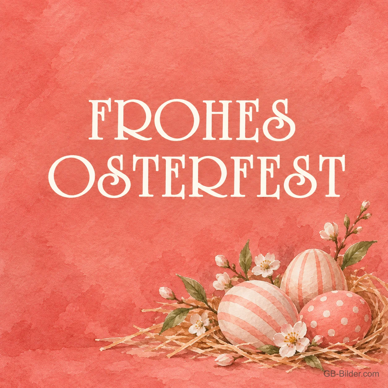 Gestreifte Ostereier auf Korallenrot, Text: Frohes Osterfest Gestreifte Ostereier auf Korallenrot, Text: Frohes Osterfest