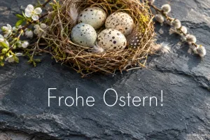 Osternest auf Schiefer, Text: Frohe Ostern