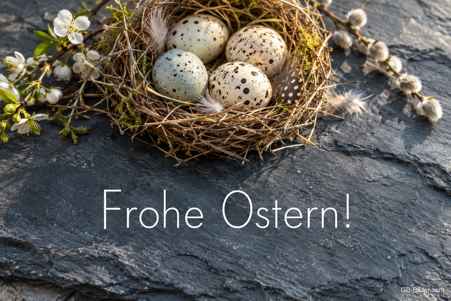 Osternest auf Schiefer, Text: Frohe Ostern Osternest auf Schiefer, Text: Frohe Ostern