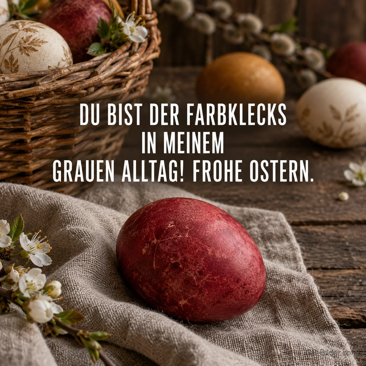 Rotes Osterei auf Leinen, Spruch: Du bist der Farbklecks in meinem grauen Alltag, Text: Du bist der Farbklecks in meinem grauen Alltag Rotes Osterei auf Leinen, Spruch: Du bist der Farbklecks in meinem grauen Alltag, Text: Du bist der Farbklecks in meinem grauen Alltag