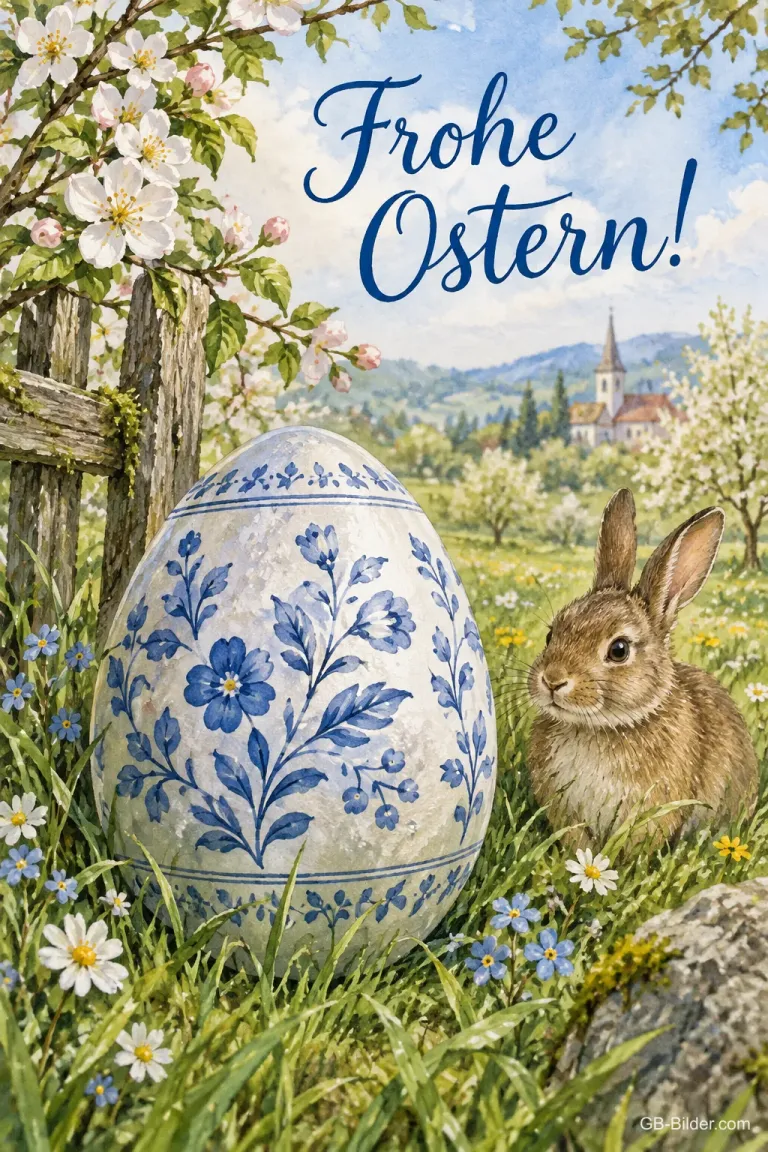 Bemaltes Osterei und Hase, Text: Frohe Ostern