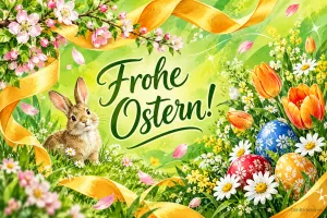 Hase sitzt zwischen Ostereiern und Frühlingsblumen unter Blütenzweigen und goldenen Bändern, Text: Frohe Ostern!