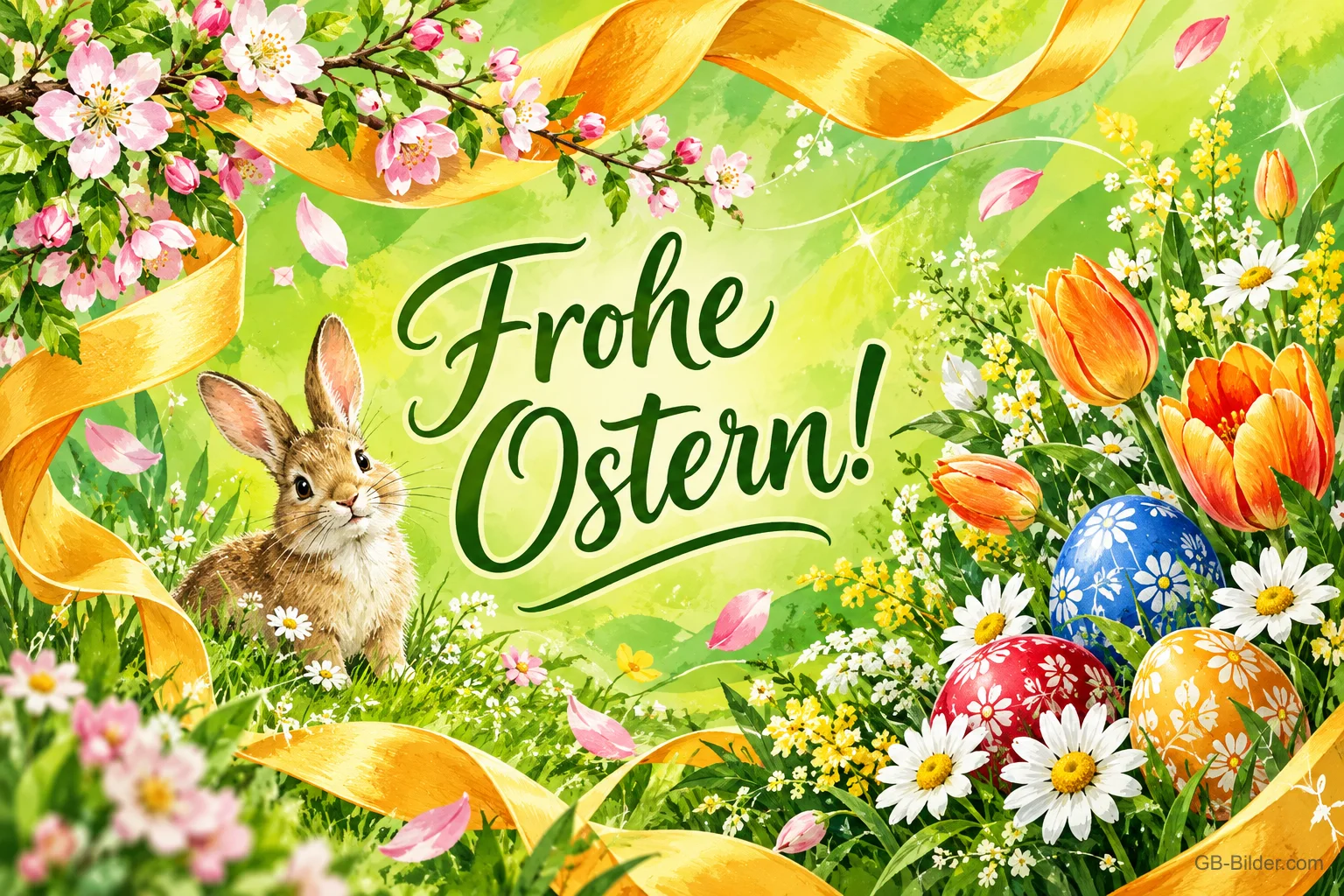 Hase sitzt zwischen Ostereiern und Frühlingsblumen unter Blütenzweigen und goldenen Bändern, Text: Frohe Ostern! Hase sitzt zwischen Ostereiern und Frühlingsblumen unter Blütenzweigen und goldenen Bändern, Text: Frohe Ostern!