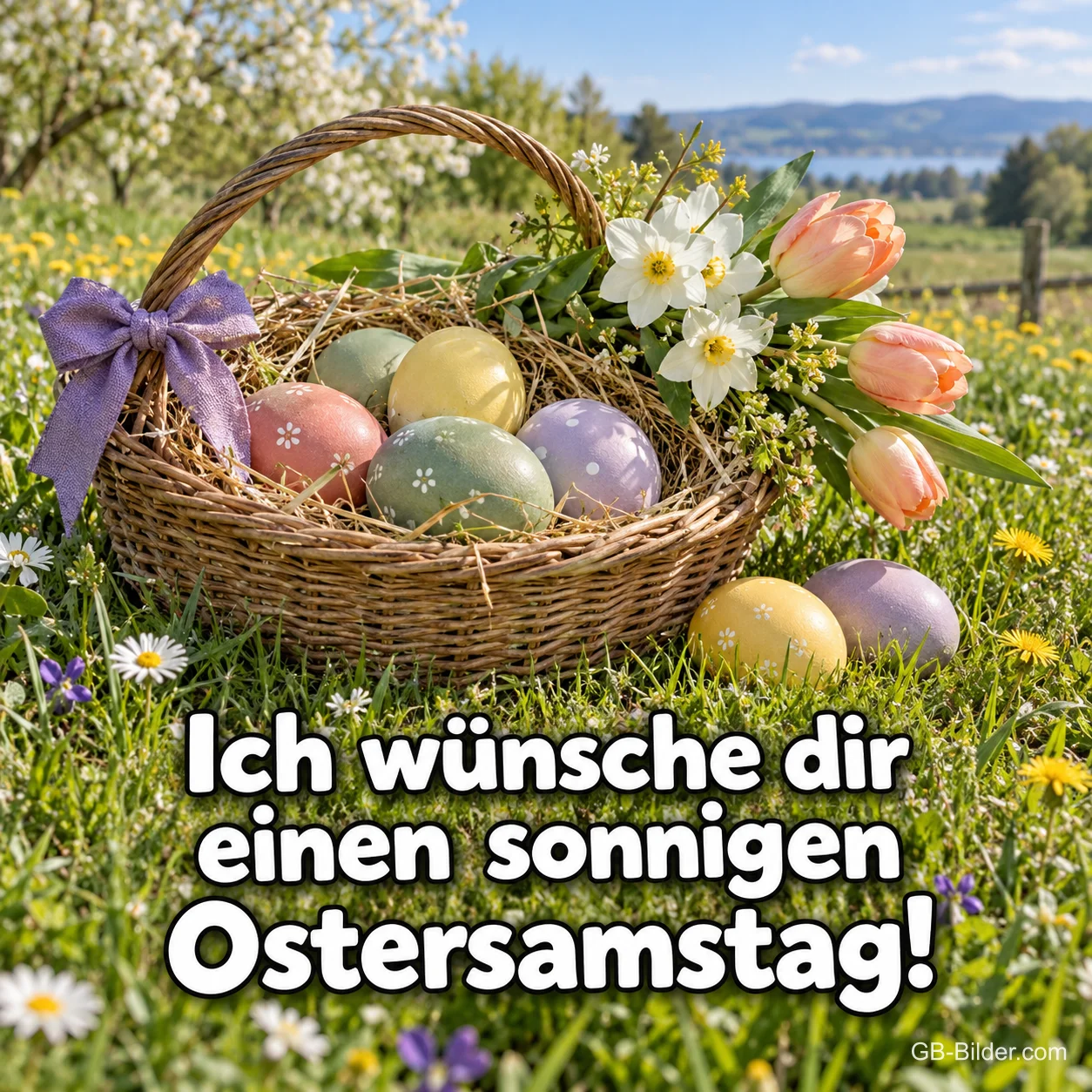 Osterkorb auf der Wiese, Text: Ich wünsche dir einen sonnigen Ostersamstag!