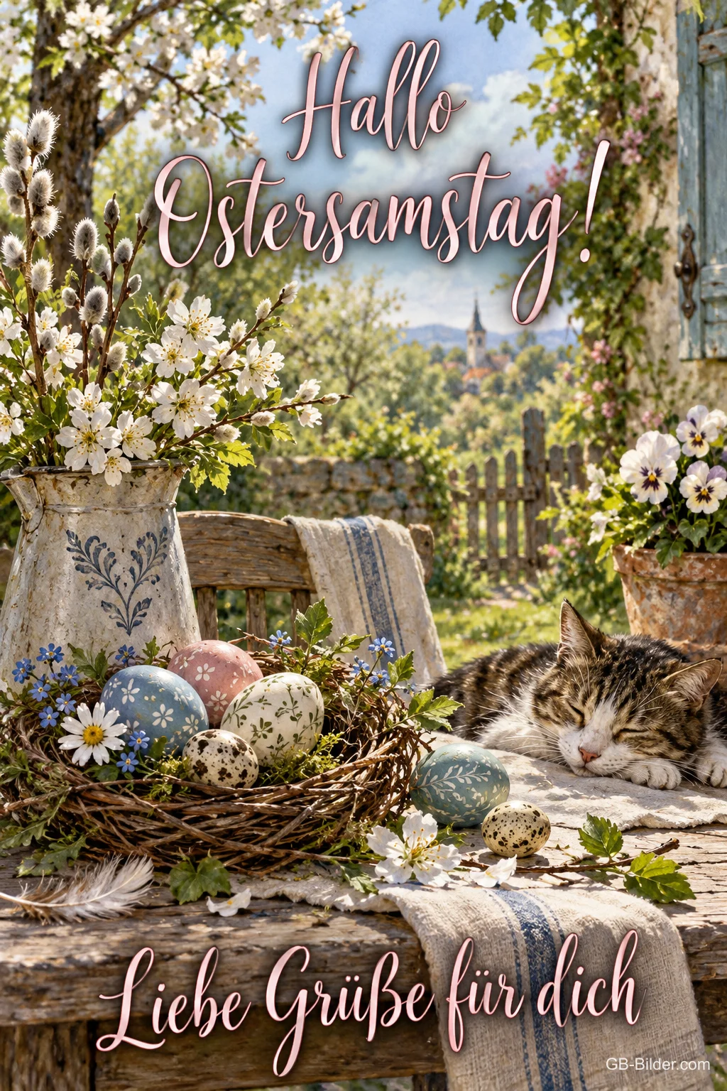 Schlafende Katze neben Osternest, Text: Hallo Ostersamstag! Liebe Grüße für dich Schlafende Katze neben Osternest, Text: Hallo Ostersamstag! Liebe Grüße für dich