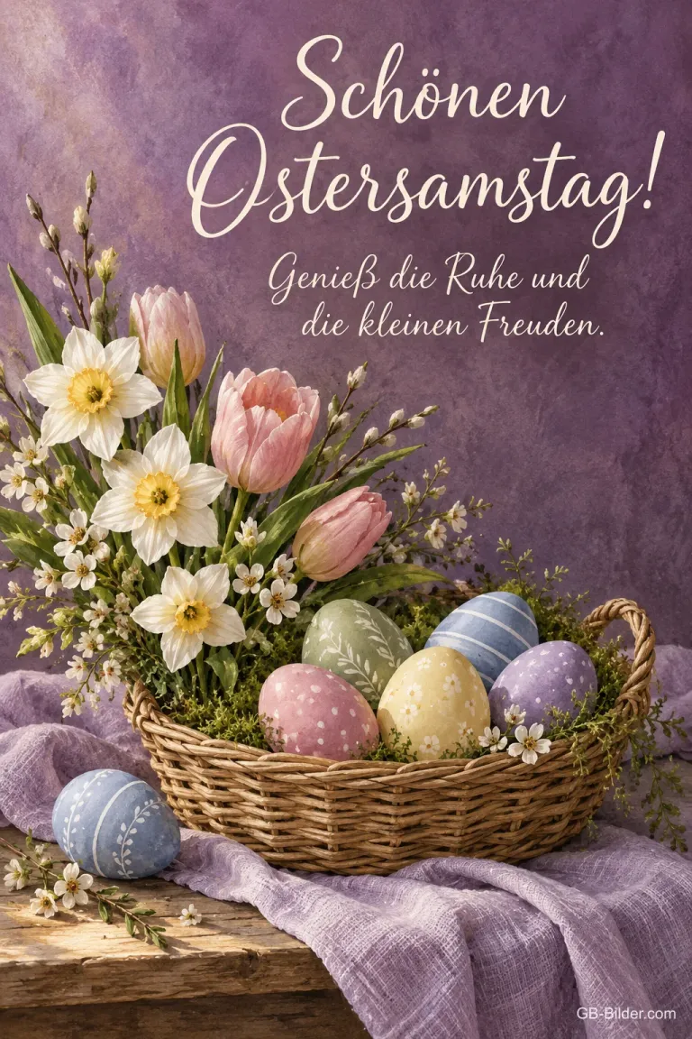 Osterkorb mit Frühlingsblumen, Text: Schönen Ostersamstag!