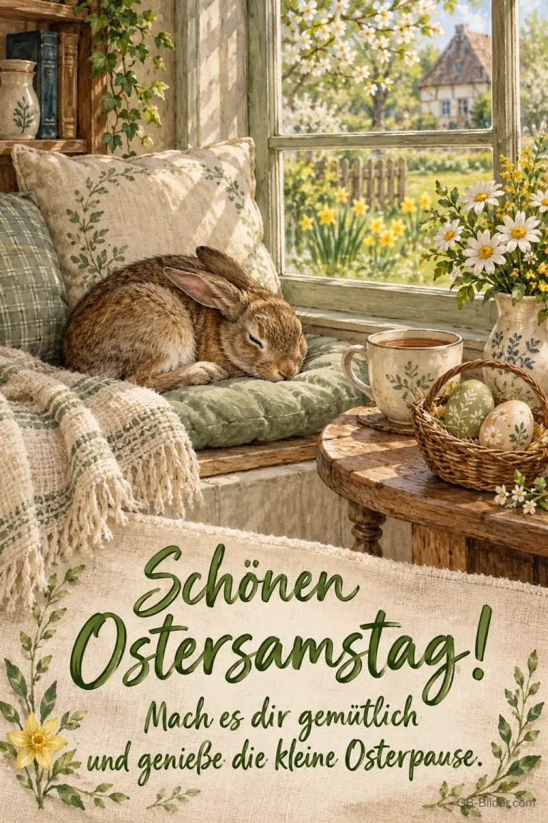 Schlafender Hase am Fenster, Text: Schönen Ostersamstag!