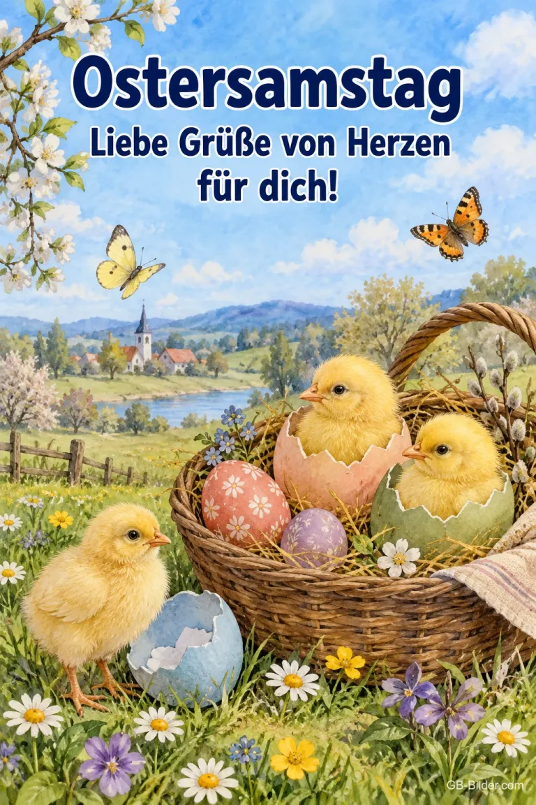 Küken im Osterkorb auf der Wiese, Text: Ostersamstag – Liebe Grüße von Herzen für dich!