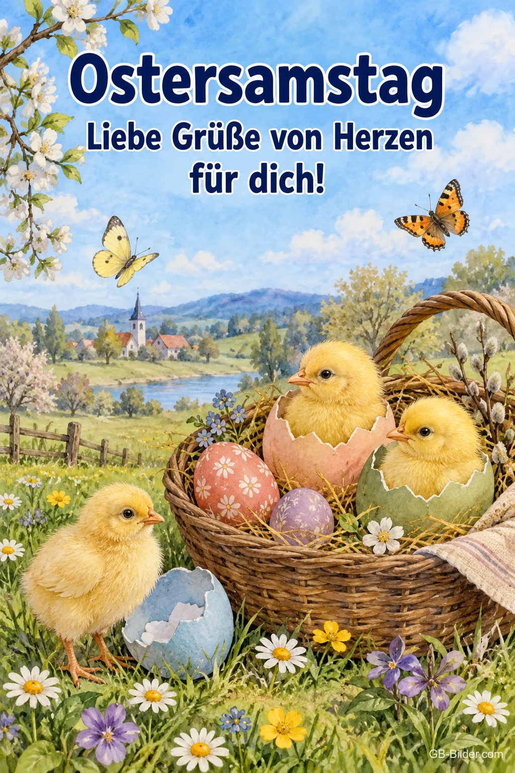 Küken im Osterkorb auf der Wiese, Text: Ostersamstag – Liebe Grüße von Herzen für dich! Küken im Osterkorb auf der Wiese, Text: Ostersamstag – Liebe Grüße von Herzen für dich!
