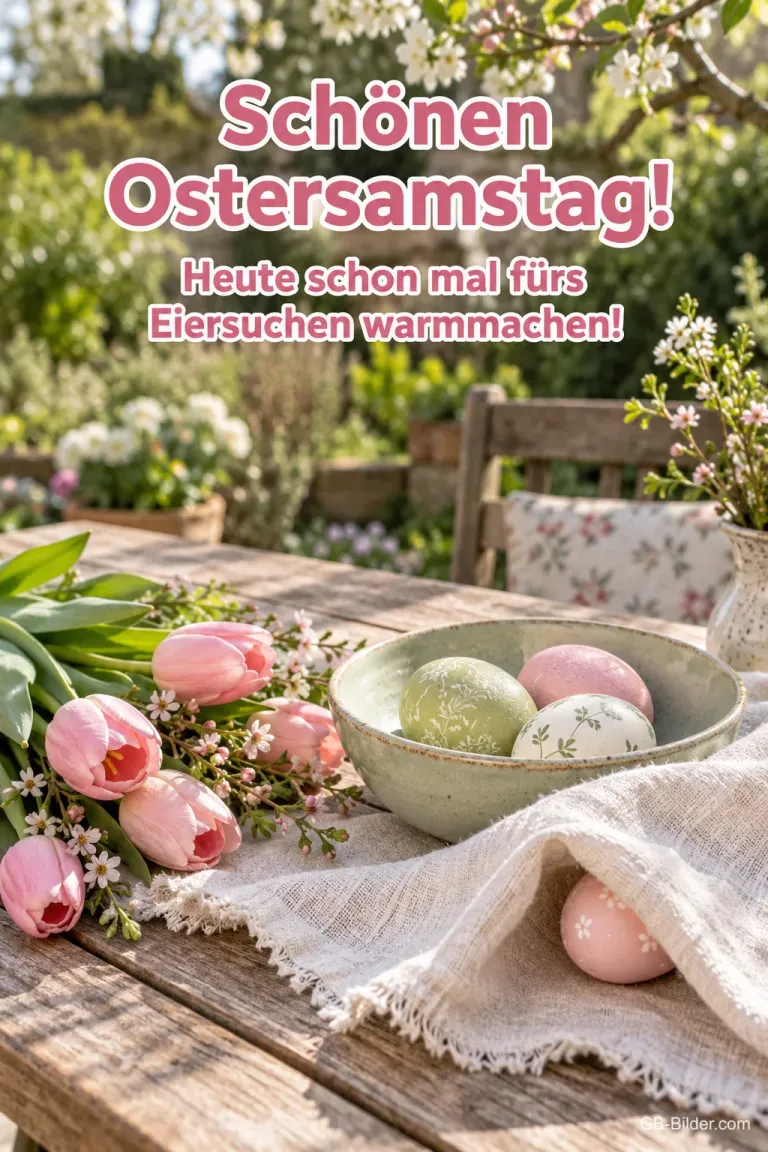 Ostereier und Tulpen auf dem Gartentisch, lustiger Text: Schönen Ostersamstag!