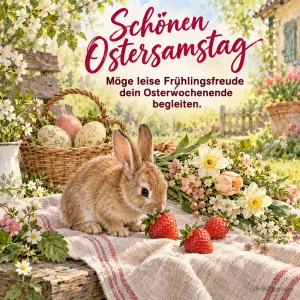 Hase mit Erdbeeren und Osterkorb, Text: Schönen Ostersamstag