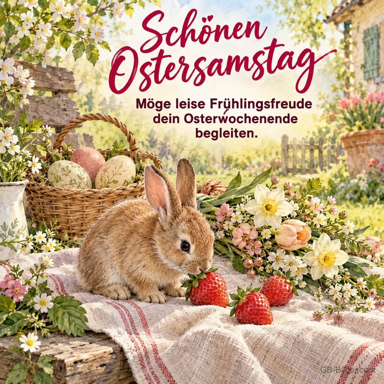 Hase mit Erdbeeren und Osterkorb, Text: Schönen Ostersamstag Hase mit Erdbeeren und Osterkorb, Text: Schönen Ostersamstag