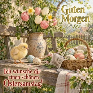Küken auf der Gartenbank mit Tulpen, Text: Guten Morgen – Ich wünsche dir einen schönen Ostersamstag!