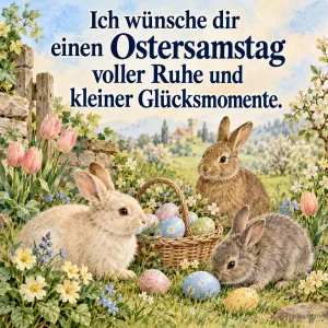 Drei Hasen mit Osterkorb, Text: Ich wünsche dir einen Ostersamstag voller Ruhe