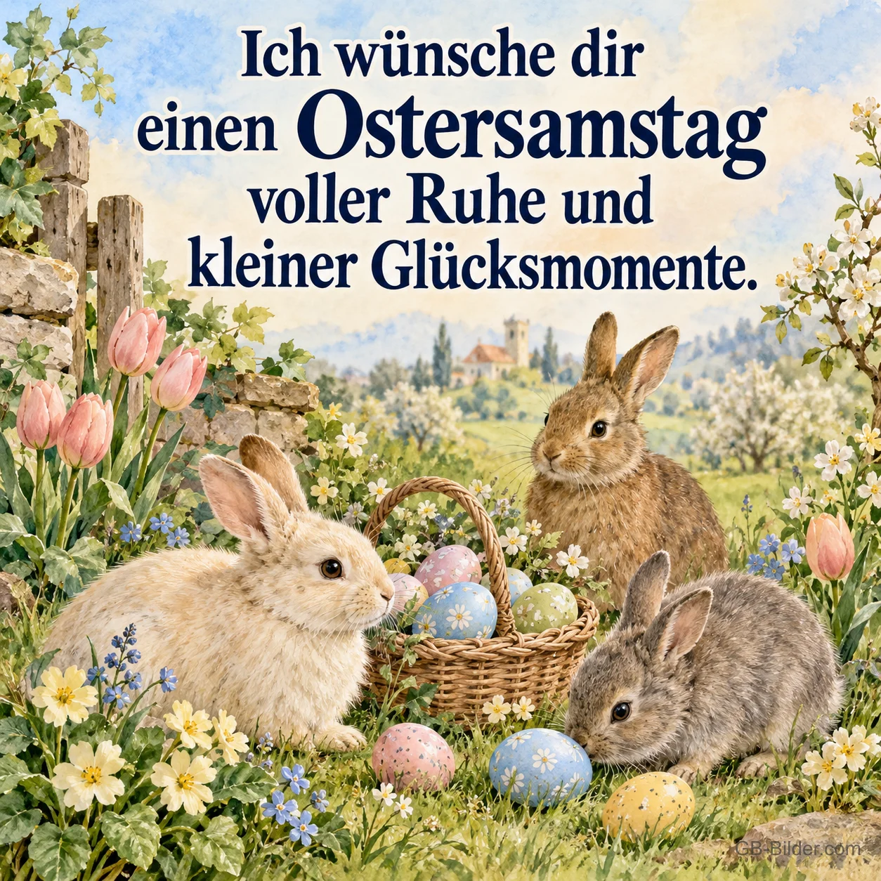 Drei Hasen mit Osterkorb, Text: Ich wünsche dir einen Ostersamstag voller Ruhe Drei Hasen mit Osterkorb, Text: Ich wünsche dir einen Ostersamstag voller Ruhe