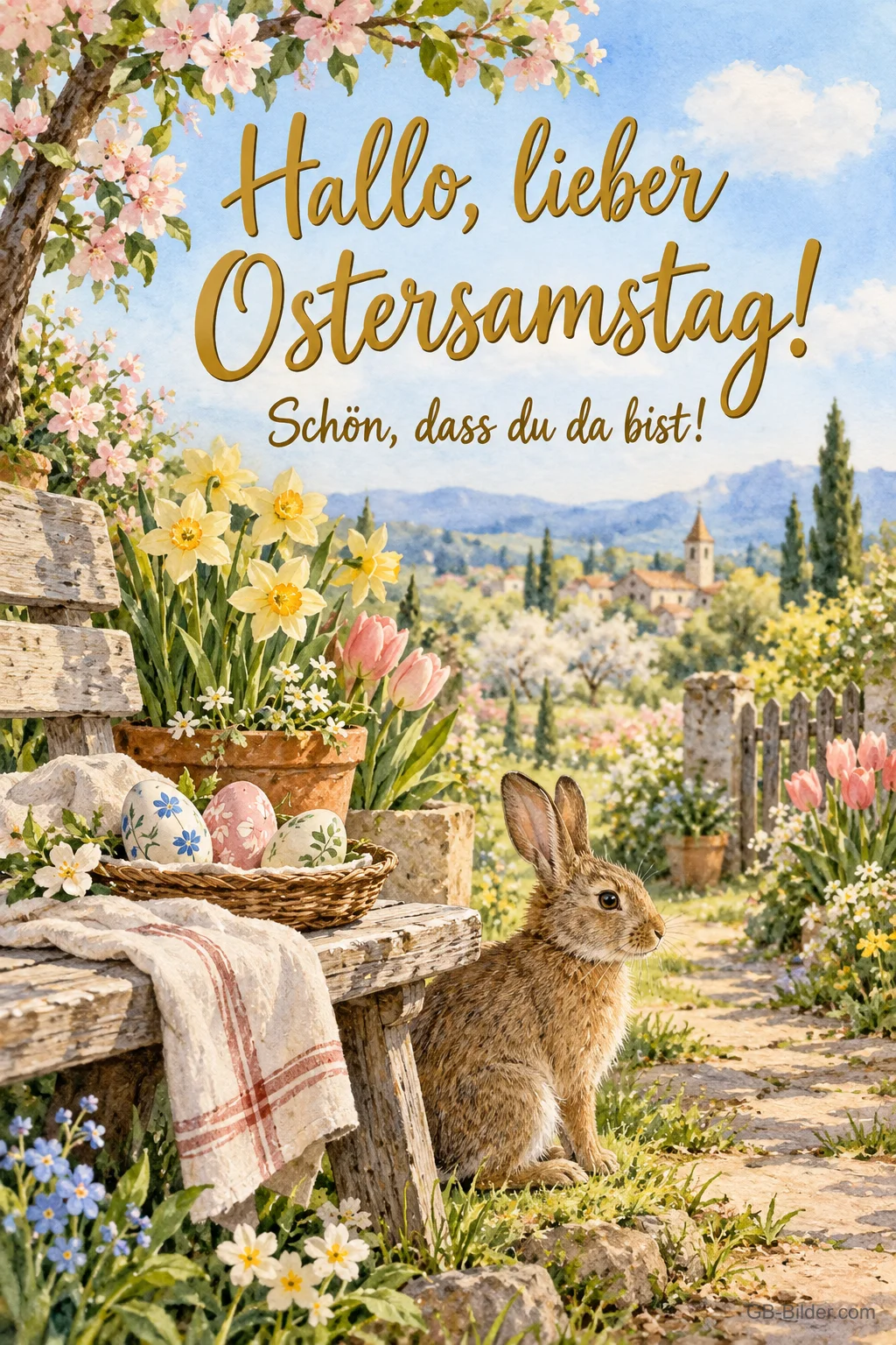 Hase an der Gartenbank, Text: Hallo, lieber Ostersamstag! Hase an der Gartenbank, Text: Hallo, lieber Ostersamstag!