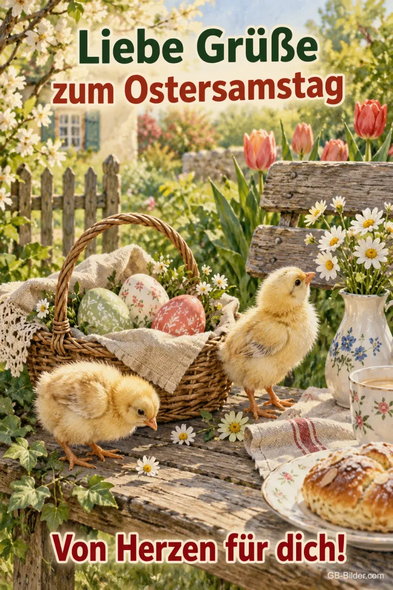 Küken auf dem Ostertisch, Text: Liebe Grüße zum Ostersamstag