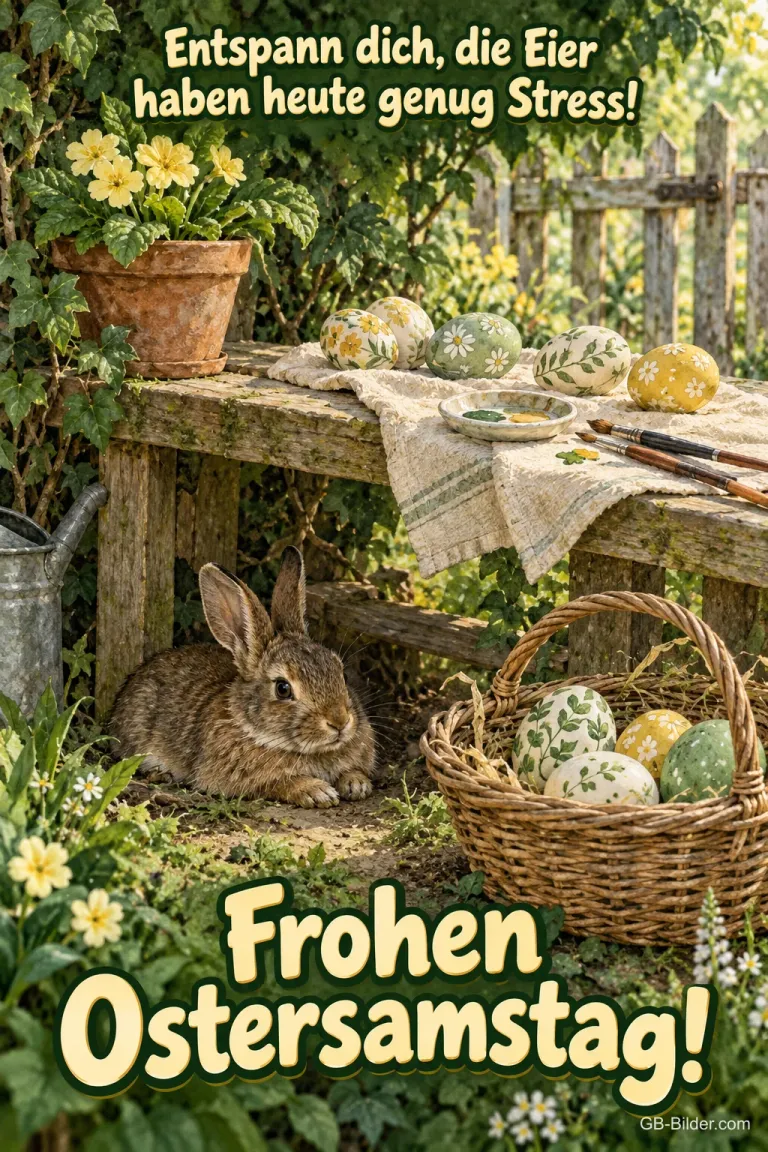 Hase unter dem Tisch mit bemalten Eiern, lustiger Text: Frohen Ostersamstag!