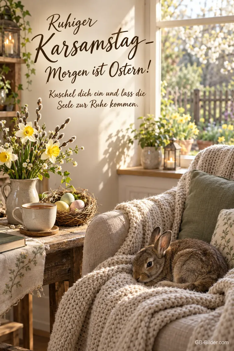 Schlafender Hase im Sessel, Text: Ruhiger Karsamstag – Morgen ist Ostern!