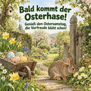 Hase am Gartentor mit Eierschubkarre, Text: Bald kommt der Osterhase!