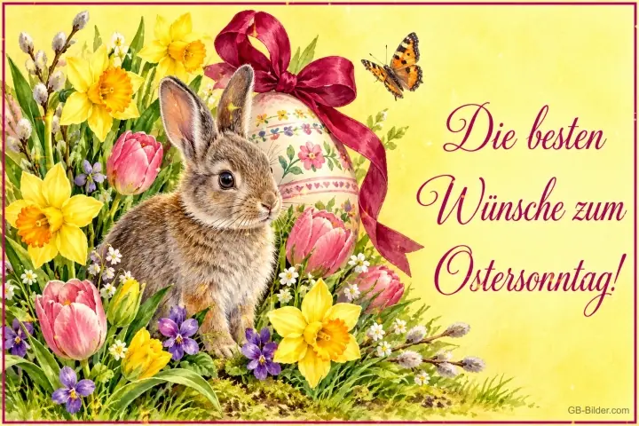 Hase vor einem verzierten Osterei mit Schleife zwischen Tulpen, Text: Die besten Wünsche zum Ostersonntag!