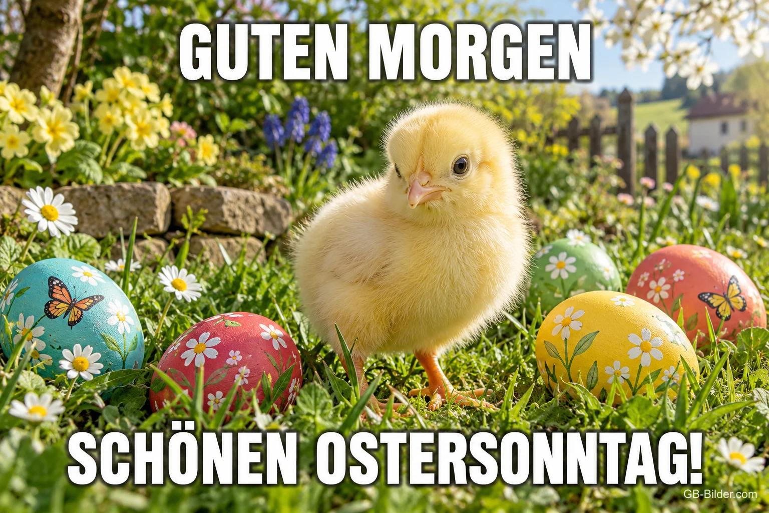Küken zwischen bunten Ostereiern im Gras, Text: GUTEN MORGEN – SCHÖNEN OSTERSONNTAG!