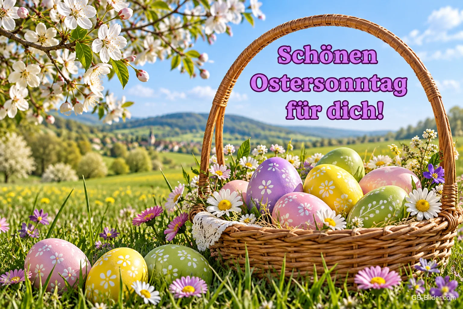 Korb mit bemalten Ostereiern auf einer Blumenwiese, Text: Schönen Ostersonntag für dich!
