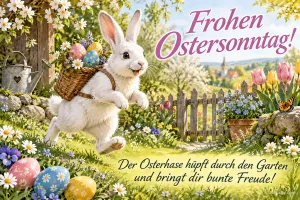 Weißer Hase mit Eierkorb springt durch einen Frühlingsgarten, Text: Frohen Ostersonntag! – Der Osterhase hüpft durch den Garten und bringt dir bunte Freude!