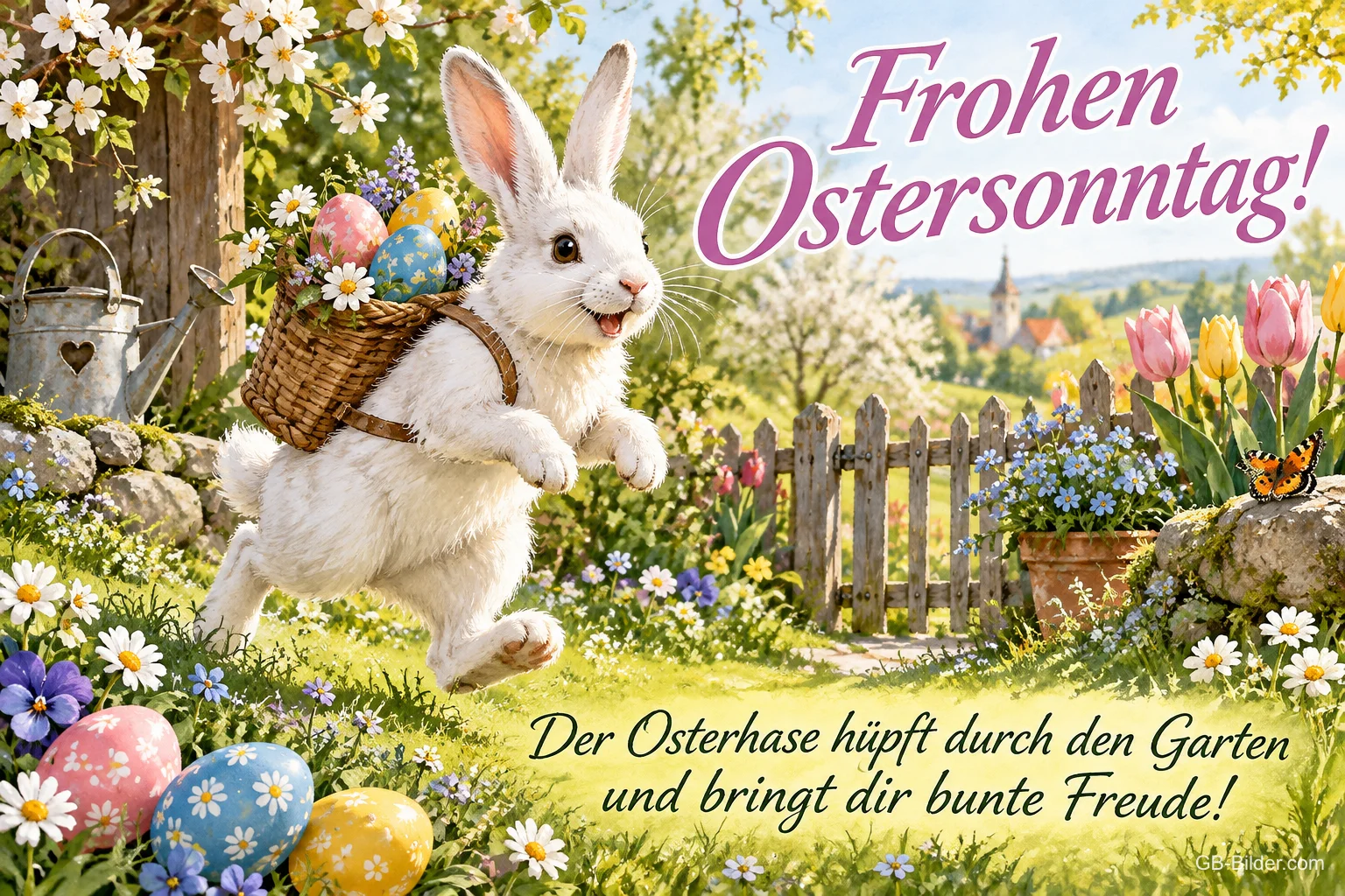 Weißer Hase mit Eierkorb springt durch einen Frühlingsgarten, Text: Frohen Ostersonntag! – Der Osterhase hüpft durch den Garten und bringt dir bunte Freude!