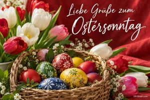 Korb mit verzierten Ostereiern zwischen Tulpen, Text: Liebe Grüße zum Ostersonntag