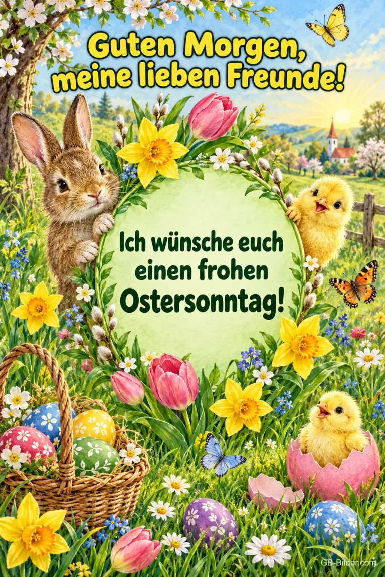 Hase und Küken zwischen Tulpen und Ostereiern, Text: Guten Morgen, meine lieben Freunde! – Ich wünsche euch einen frohen Ostersonntag!