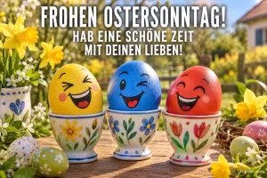 Drei lachende bunte Ostereier in Eierbechern, Text: FROHEN OSTERSONNTAG! – Hab eine schöne Zeit mit deinen Lieben!