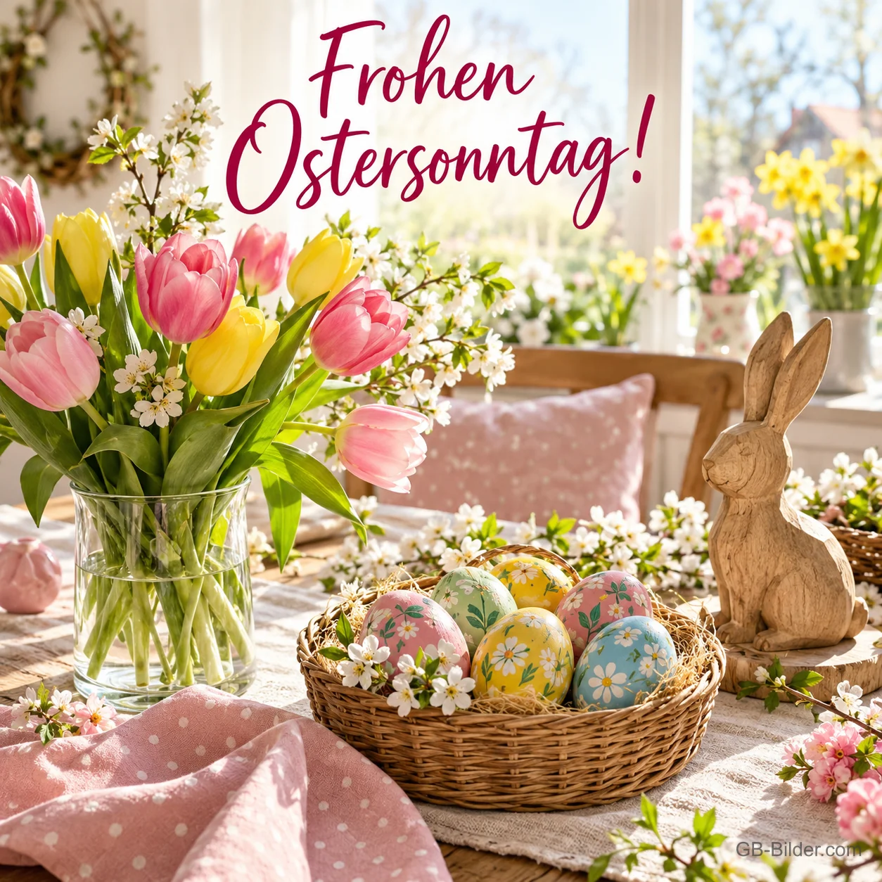 Tulpenstrauß und Korb mit bemalten Ostereiern auf dem Frühstückstisch, Text: Frohen Ostersonntag!