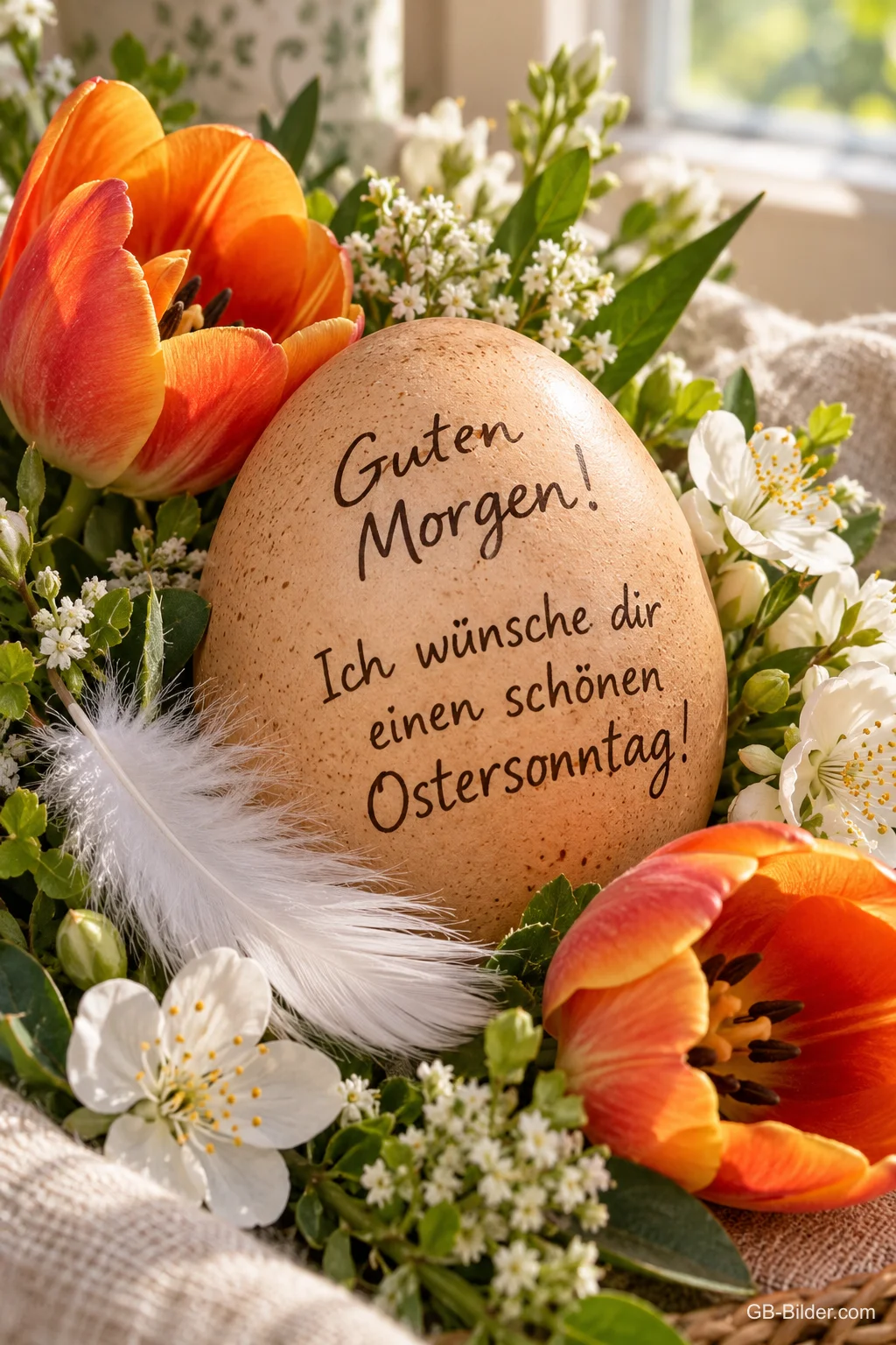 Beschriftetes Osterei zwischen Tulpen und Feder, Text: Guten Morgen! – Ich wünsche dir einen schönen Ostersonntag!