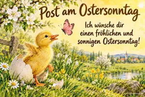 Entenküken schlüpft aus einem Ei auf einer Frühlingswiese, Text: Post am Ostersonntag – Ich wünsche dir einen fröhlichen und sonnigen Ostersonntag!