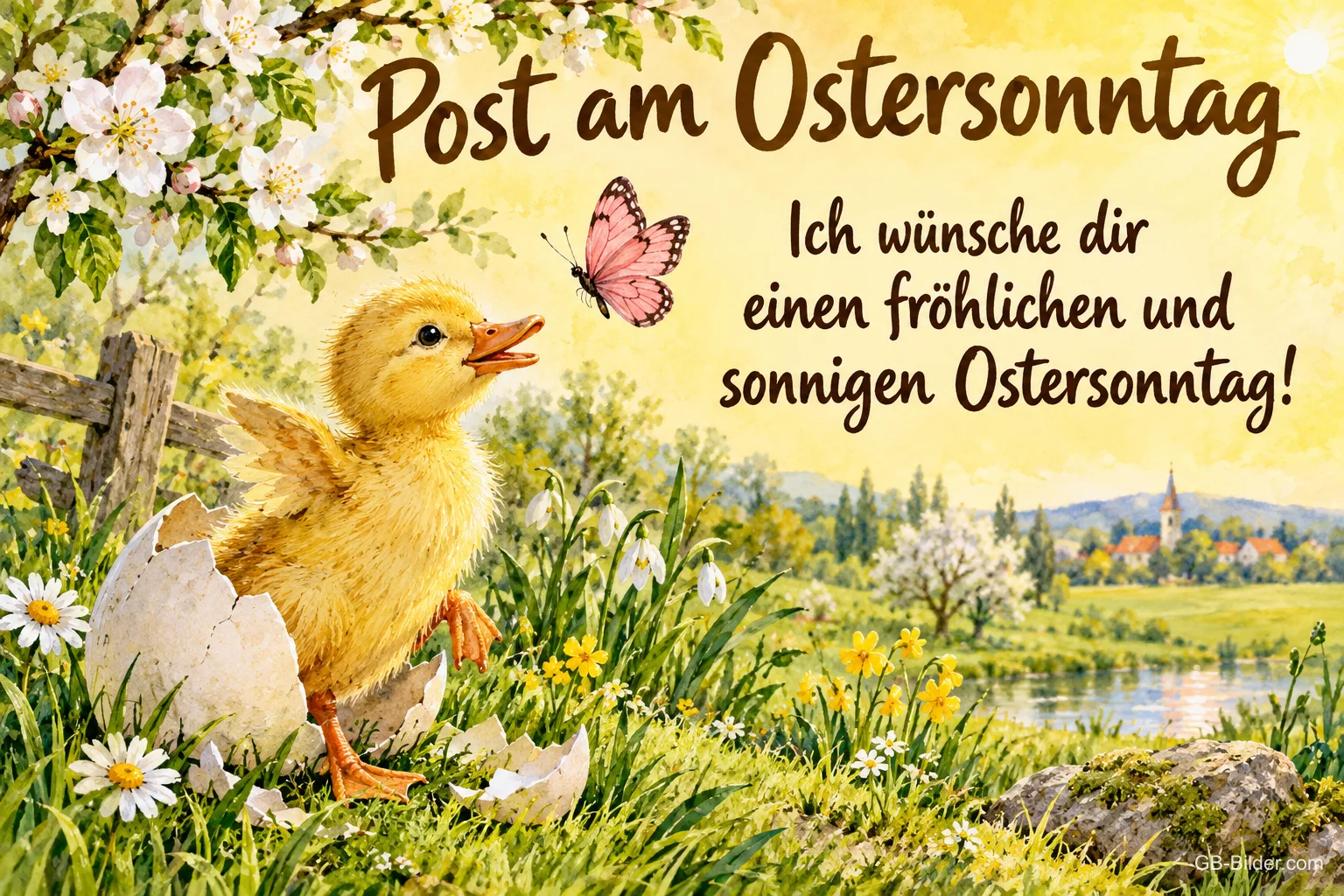 Entenküken schlüpft aus einem Ei auf einer Frühlingswiese, Text: Post am Ostersonntag – Ich wünsche dir einen fröhlichen und sonnigen Ostersonntag!